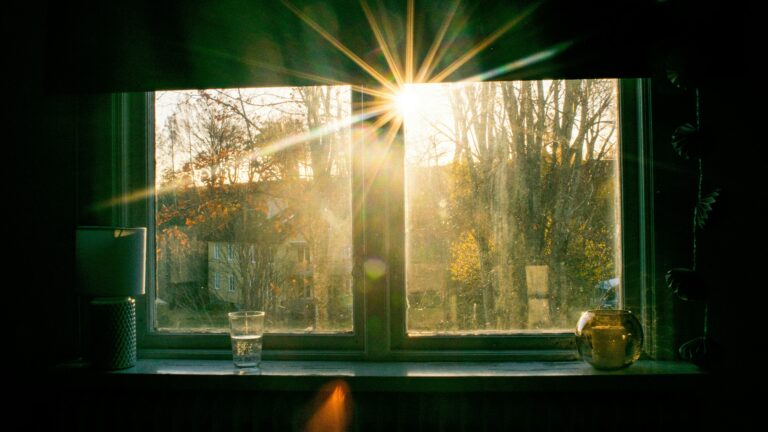 Morgensonne scheint durch ein Fenster mit Blick auf Bäume und Häuser