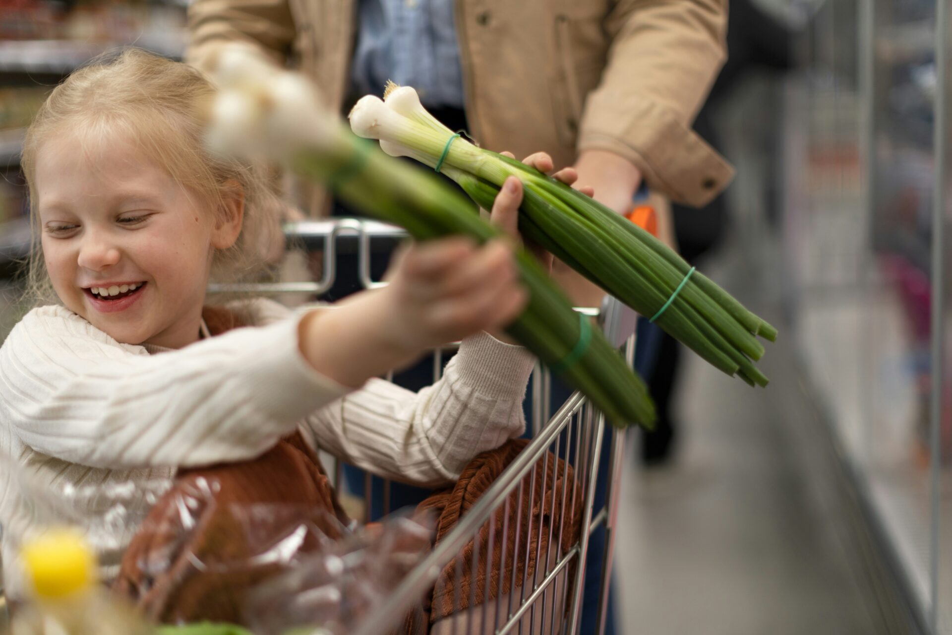 Kosten für Kinder in der Schweiz, Kind sitzt beim Einkaufen im Einkaufswagen