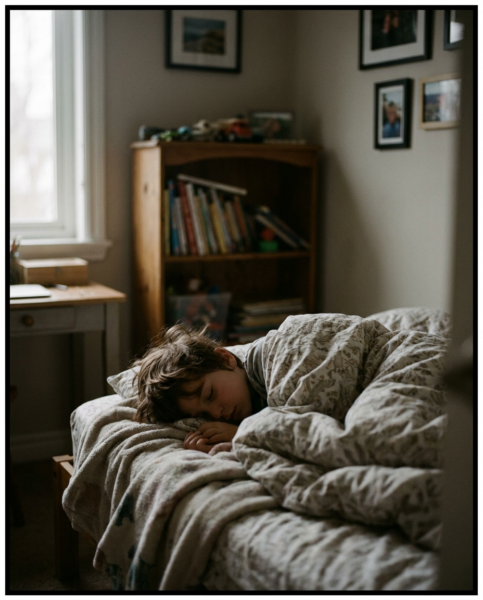 guter schlaf lernhilfe, schlafendes Kind im Bett mit Bücherregal im Hintergrund