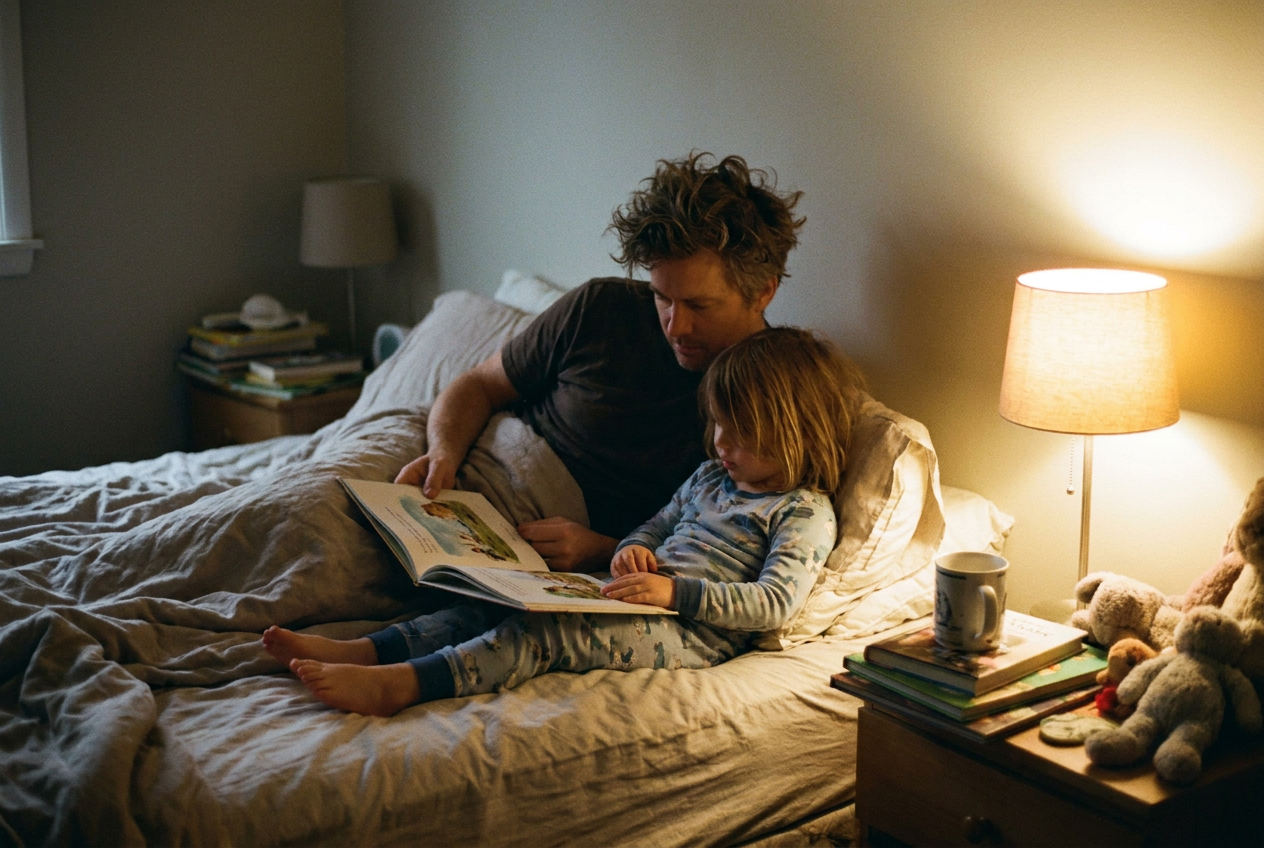 einschlafritual vorlesen, Elternteil liest Kind abends im Bett vor